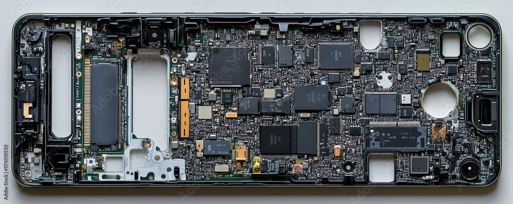 Poster Mobile phone disassembled showing the processor and electronic chip, emphasizing the internal components for technologythemed ads and repair services