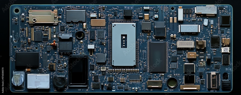 Poster Mobile phone disassembled showing the processor and electronic chip, emphasizing the internal components for technologythemed ads and repair services