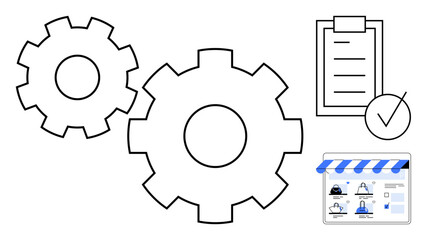 Two interlocking gears, a clipboard with a checklist, and an online shop interface. Ideal for e-commerce management, process optimization, workflow efficiency, task management, online retail