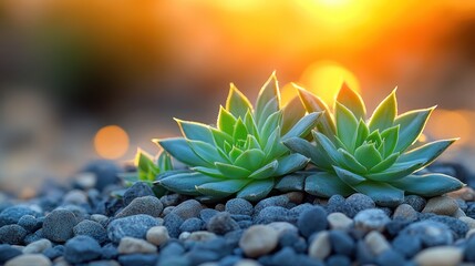 Two succulents bathed in golden sunset light on grey pebbles.