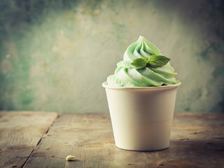 Vintage Style Mint Ice Cream in Takeaway Cup - Isolated White Background