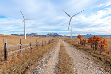 Scenic rural path with wind turbines and autumn foliage.