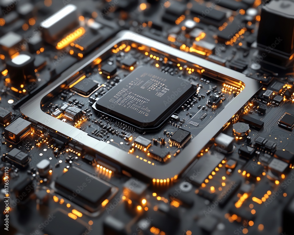 Poster 3D render of a disassembled mobile phone with a focus on the CPU and electronic chip, emphasizing technology repair and mobile device maintenance