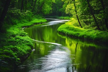 Obraz premium A tranquil river meanders through a vibrant green forest, reflecting the surrounding lush vegetation. The calm water mirrors the trees and plants, creating a peaceful natural scene.
