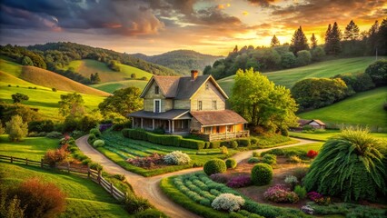 Vintage Style Photo: Charming Country House, Lush Green Landscape, Romantic Atmosphere