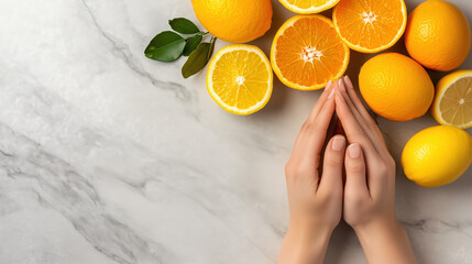 Vitamin C-Enriched Hands Radiating Glow on a Soft Background for Advertisements