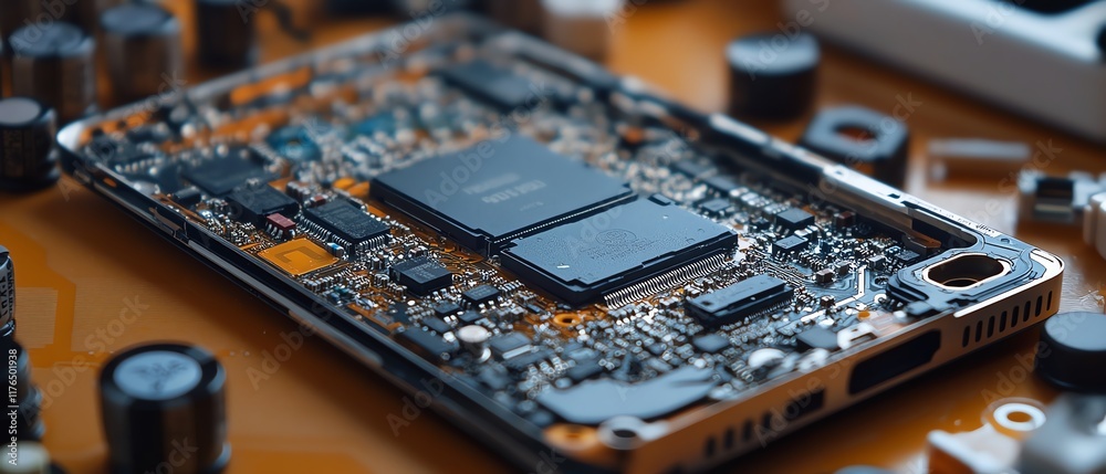 Poster Closeup of an electronic chip and CPU from a disassembled mobile phone, highlighting the intricate processor and components, perfect for tech repair banners