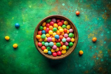 Vintage Style Photo: Colorful Round Candies in Bowl, Green Background