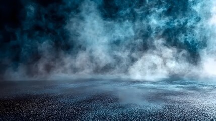 Abstract background with blue and gray colors featuring smoke and fog on an asphalt floor, dark empty scene illuminated by studio lighting, ideal for product presentation or design space