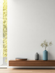 Modern interior design with wooden shelf and decorative vases in a bright room