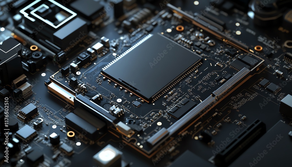 Poster detailed view of a mobile phone s disassembled electronic chip and cpu, showcasing the processor and
