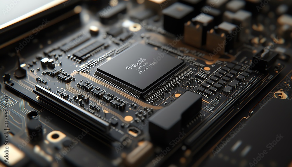 Poster Detailed view of a mobile phone s disassembled electronic chip and CPU, showcasing the processor and micro components, ideal for technologythemed ads