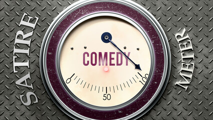 Comedy and Satire that is hitting a full scale, showing a very high level of comedy, overload of it, too much of it. Maximum value, off the charts.  ,3d illustration