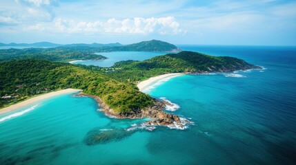 Obraz premium Tropical Paradise Overhead, serene island vistas, pristine white sands, vibrant turquoise waters, lush greenery enveloping coastal beauty