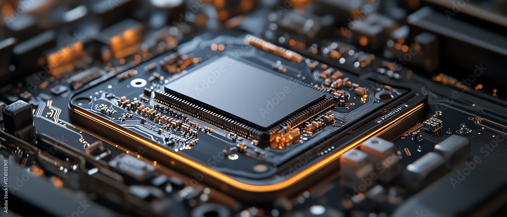 Poster Highresolution closeup of a mobile phone s internal electronic chip and CPU from a disassembled device, perfect for technology service and repair promotions