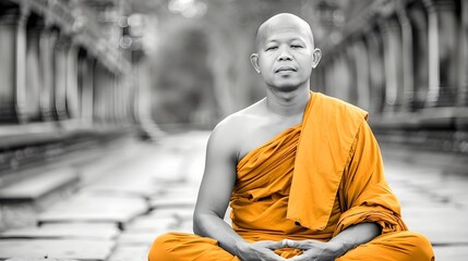 A serene Buddhist monk sits in meditation, his orange robe a striking contrast against the blurred grayscale background of ancient temple architecture.