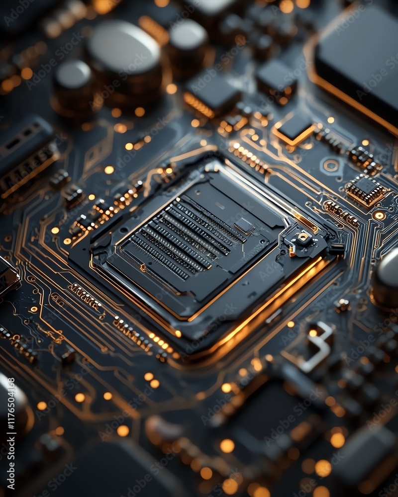 Poster Macro view of a mobile phone s CPU and electronic chip, showing intricate details from a disassembled phone, perfect for tech maintenance and repair banners
