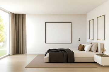 Modern minimalist bedroom with natural light and neutral colors in a contemporary home