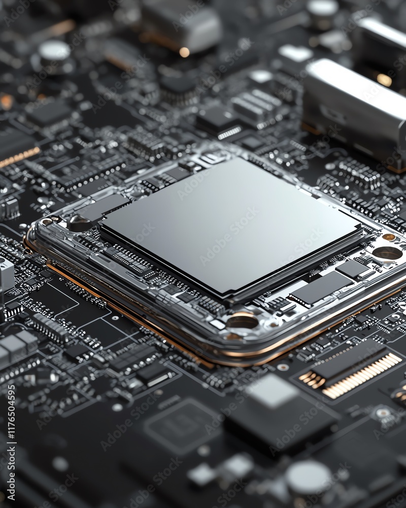 Poster mobile phone cpu and electronic chip from a disassembled device, with clear focus on the processor, 