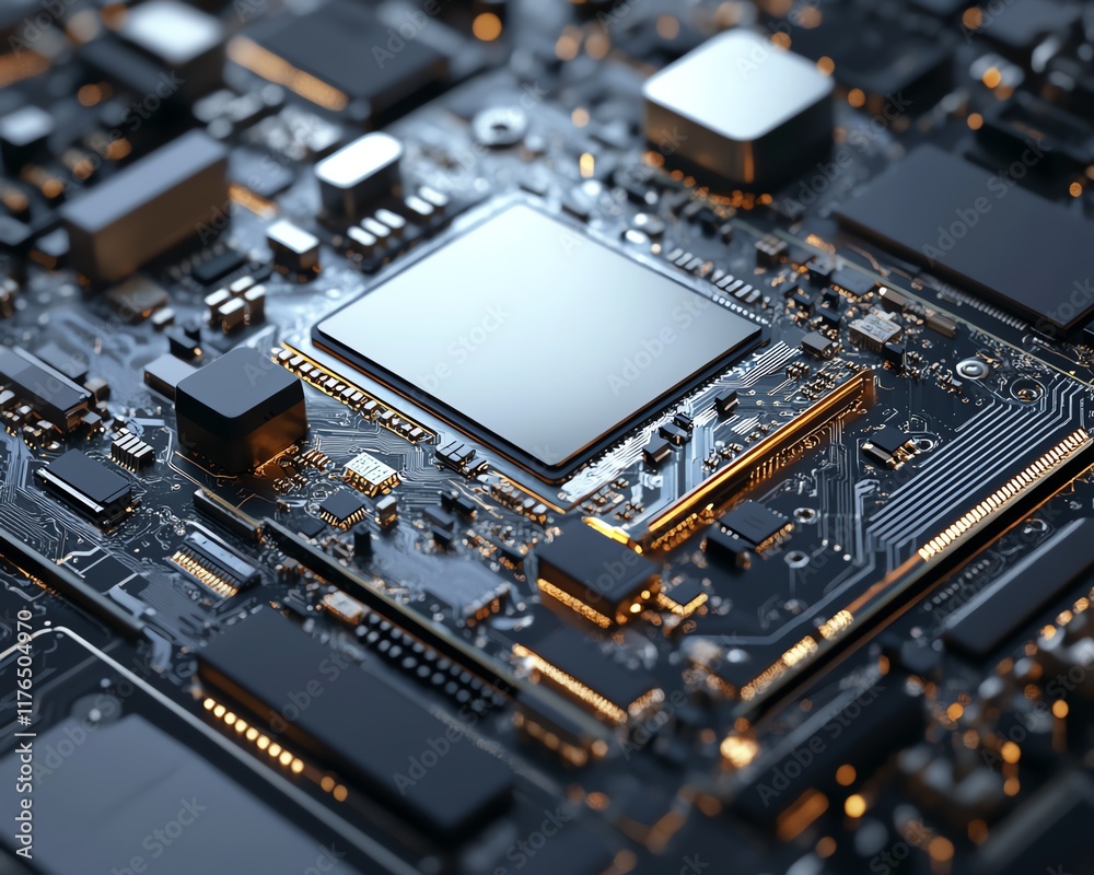 Poster 3D render of a disassembled mobile phone with a focus on the CPU and electronic chip, emphasizing technology repair and mobile device maintenance