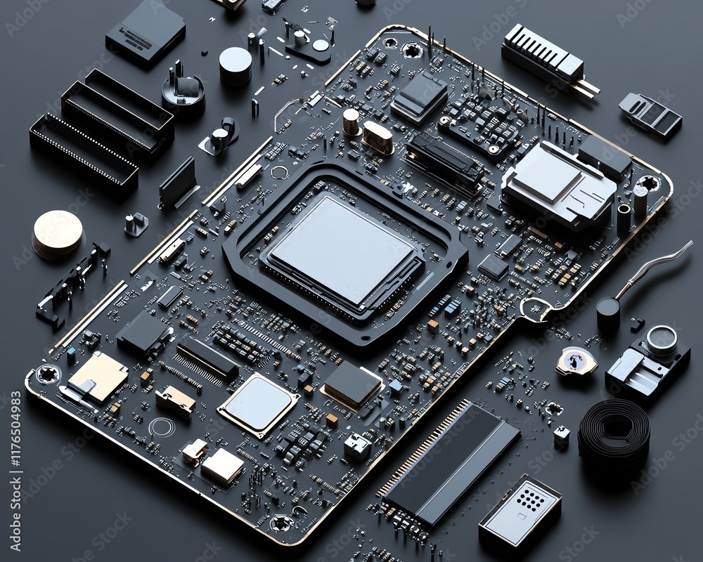 Poster 3D render of a disassembled mobile phone with a focus on the CPU and electronic chip, emphasizing technology repair and mobile device maintenance