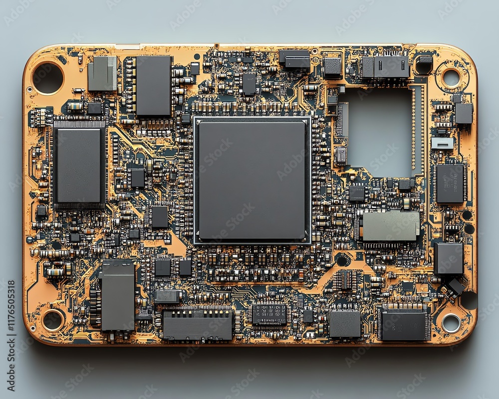 Poster closeup of an electronic chip and cpu from a disassembled mobile phone, highlighting the intricate p