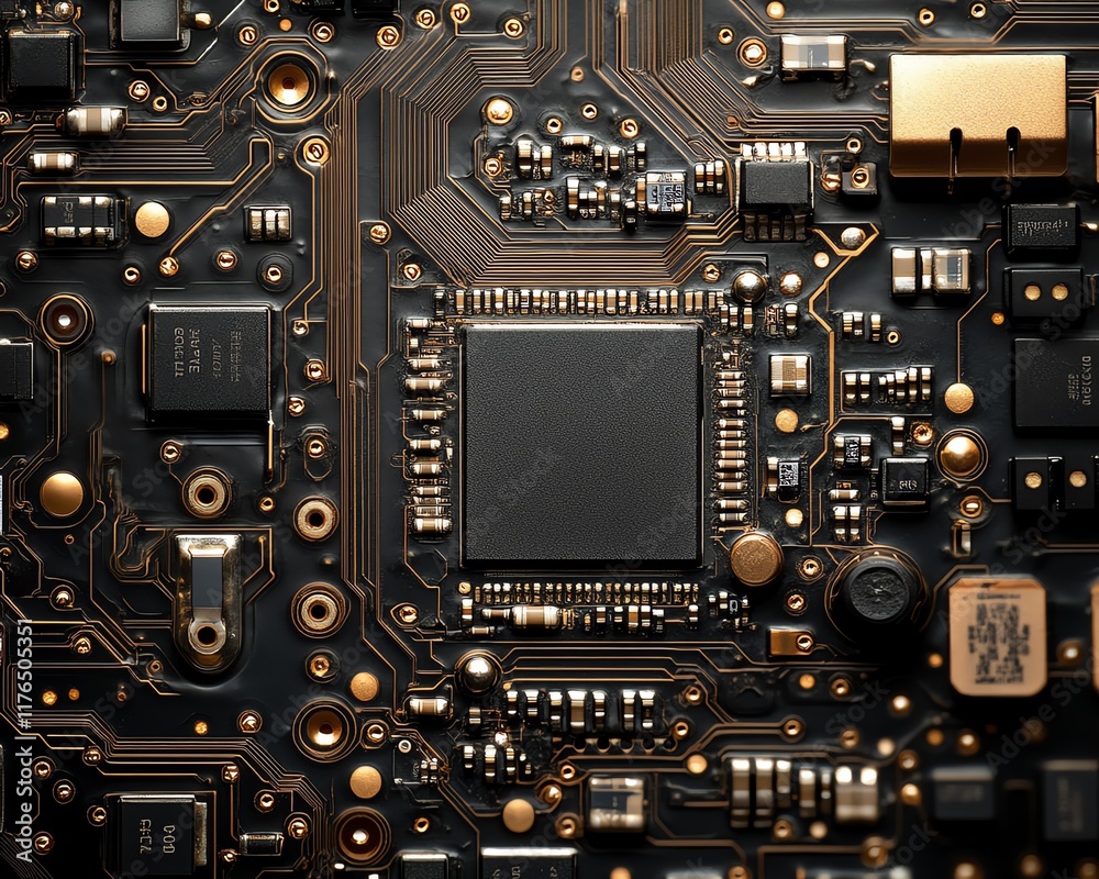 Poster Closeup of an electronic chip and CPU from a disassembled mobile phone, highlighting the intricate processor and components, perfect for tech repair banners