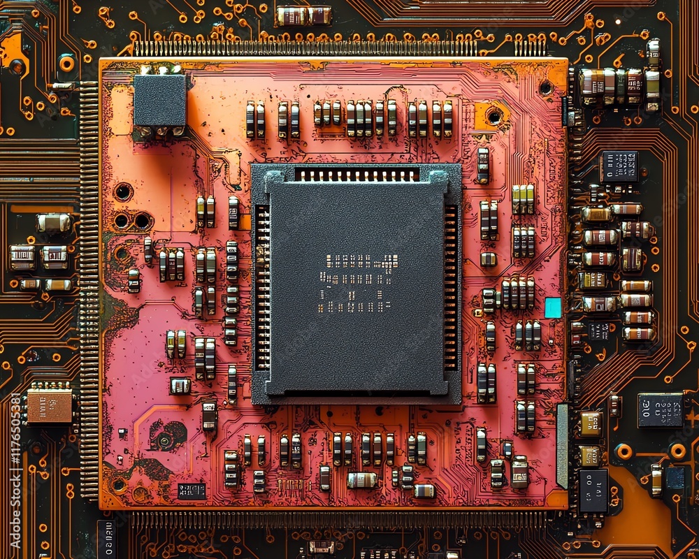 Poster Closeup of an electronic chip and CPU from a disassembled mobile phone, highlighting the intricate processor and components, perfect for tech repair banners