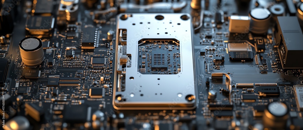 Poster Detailed view of a mobile phone s disassembled electronic chip and CPU, showcasing the processor and micro components, ideal for technologythemed ads