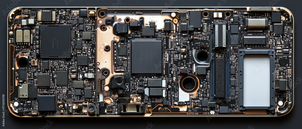Poster Detailed view of a mobile phone s disassembled electronic chip and CPU, showcasing the processor and micro components, ideal for technologythemed ads