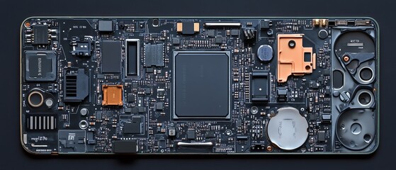 Fototapeta premium Detailed view of a mobile phone s disassembled electronic chip and CPU, showcasing the processor and micro components, ideal for technologythemed ads