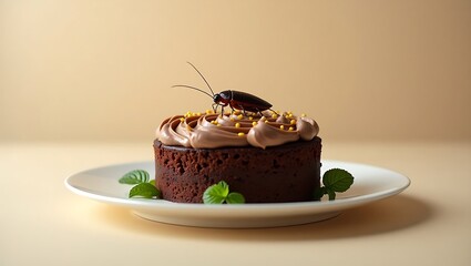 A detailed view of a cockroach sitting on chocolate cake placed on a pristine white plate, highlighting sanitation concerns, food safety hazards, and pest management issues