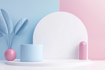 Minimalist pastel scene with geometric shapes and leaves