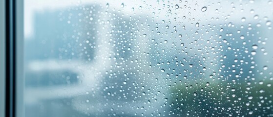 A close-up of raindrops on a window, blurring the view of the cityscape beyond, creating a tranquil, moody atmosphere.