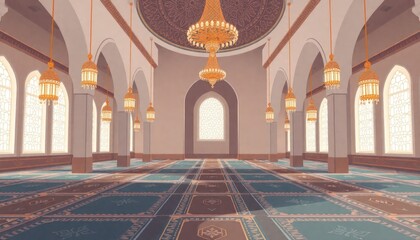 Obraz premium interior of a mosque. interior of the mosque with hanging lights and mosque ornaments
