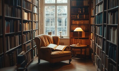 Cozy library reading nook, bookshelves, window, quiet study