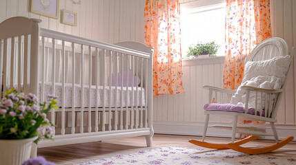 Nursery Room Decor Crib, Rocking Chair, and Floral Accents