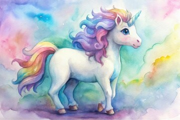 Fototapeta premium A whimsical watercolor painting of a unicorn with a vibrant mane set against a dreamy, pastel-colored background.