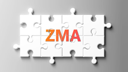 Zma complex like a puzzle - pictured as word zma on a puzzle pieces to show that zma is complex and needs cooperating pieces that fit together. ,3d illustration