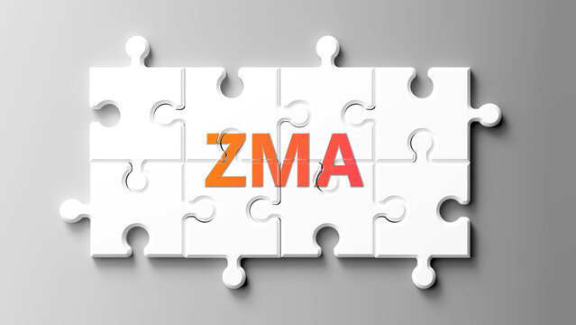 Zma complex like a puzzle - pictured as word zma on a puzzle pieces to show that zma is complex and needs cooperating pieces that fit together. ,3d illustration