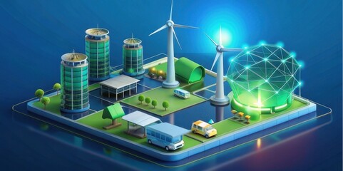 Fototapeta premium A digital illustration of a sustainable energy hub featuring wind turbines, green buildings, and a smart grid for eco-friendly technology.