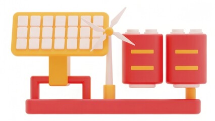 A colorful model illustrating renewable energy components, featuring a solar panel, wind turbine, and battery storage, highlighting sustainable technology.