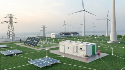 Fototapeta premium A modern renewable energy facility featuring wind turbines and solar panels, showcasing sustainable power generation and eco-friendly technology.