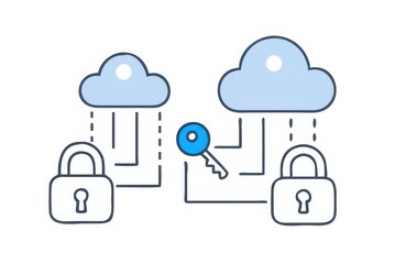 The image illustrates cloud storage security, featuring clouds, locks, and a key symbolizing data protection and encryption.