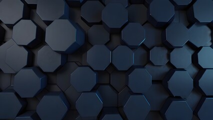 Hexagonal dark blue navy background texture placeholder, radial center space, 3d illustration, 3d rendering backdrop Generative AI