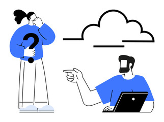 Person with question mark symbolizing doubt, man with laptop pointing at cloud indicating solution. Ideal for problem-solving, teamwork, brainstorming, innovation, technology, collaboration, cloud