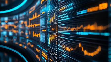 Obraz premium Curved screen displays data streams, financial market analysis