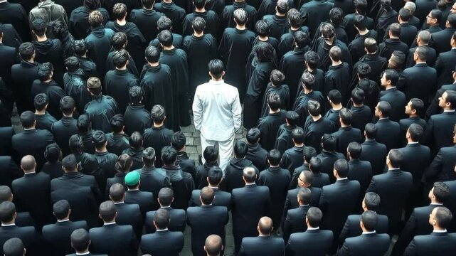 Unique gathering of individuals in identical clothing with one person standing out in a bright suit