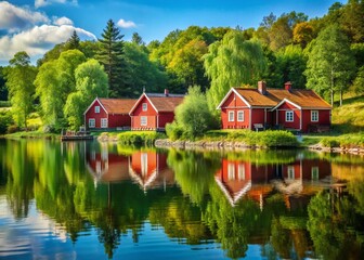 Vintage Summer Idyll: Red Cottages by a Serene Lake