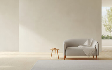 Modern living room featuring a minimalistic sofa and natural light in a serene setting